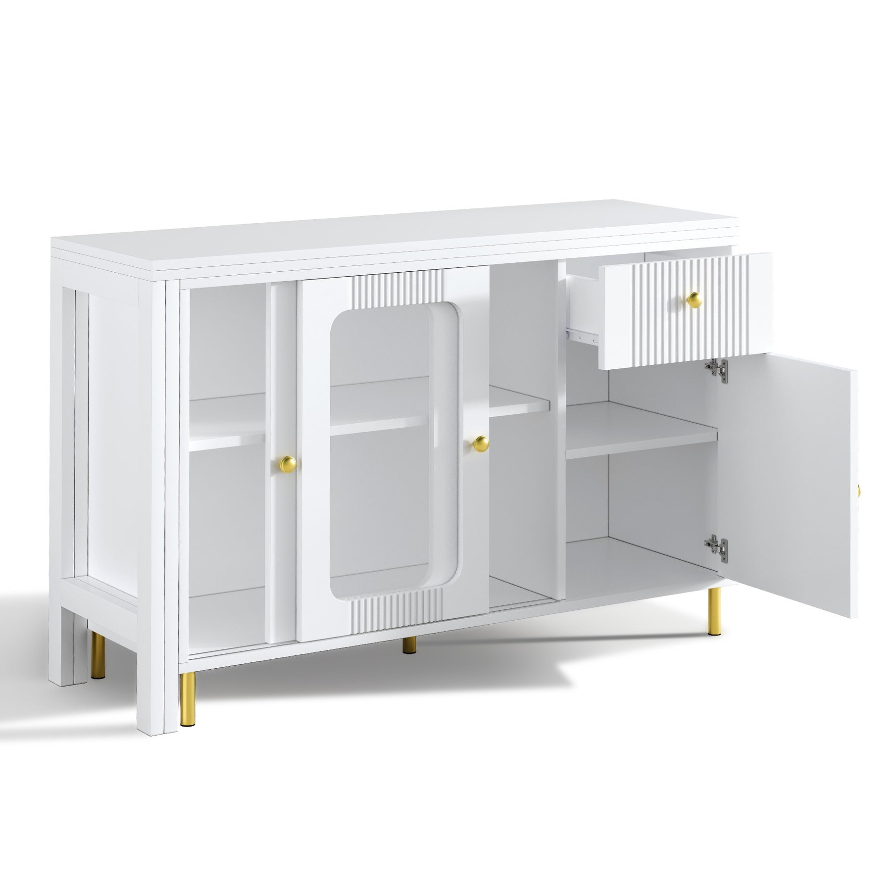 SONNI Buffetschrank Weiß mit ausziehbarer Tischplatte, drehbarer Arbeitsfläche, Glasschiebetüren, Wellenmuster, verstellbarem Stauraum und goldenen Metallbeinen, Sideboard für Küche und Esszimmer, 122x40x82cm