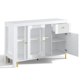 SONNI Buffetschrank Weiß mit ausziehbarer Tischplatte, drehbarer Arbeitsfläche, Glasschiebetüren, Wellenmuster, verstellbarem Stauraum und goldenen Metallbeinen, Sideboard für Küche und Esszimmer, 122x40x82cm