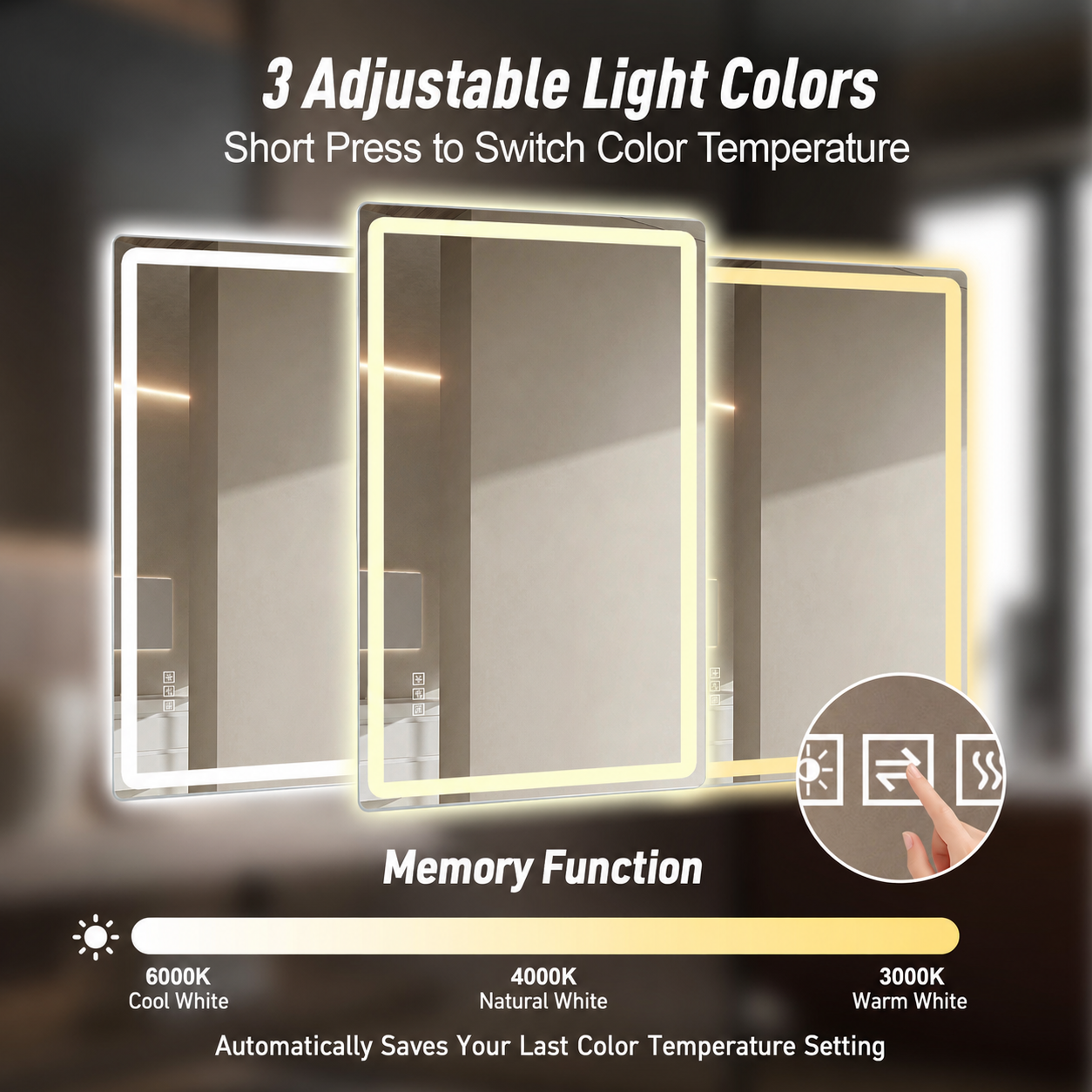 SONNI LED Badezimmerspiegel 60×120 cm, rahmenlos, Frontlicht matt, Anti-Beschlag, 3 Lichtfarben, dimmbar, Memory, horizontal & vertikal, IP44 wasserdicht
