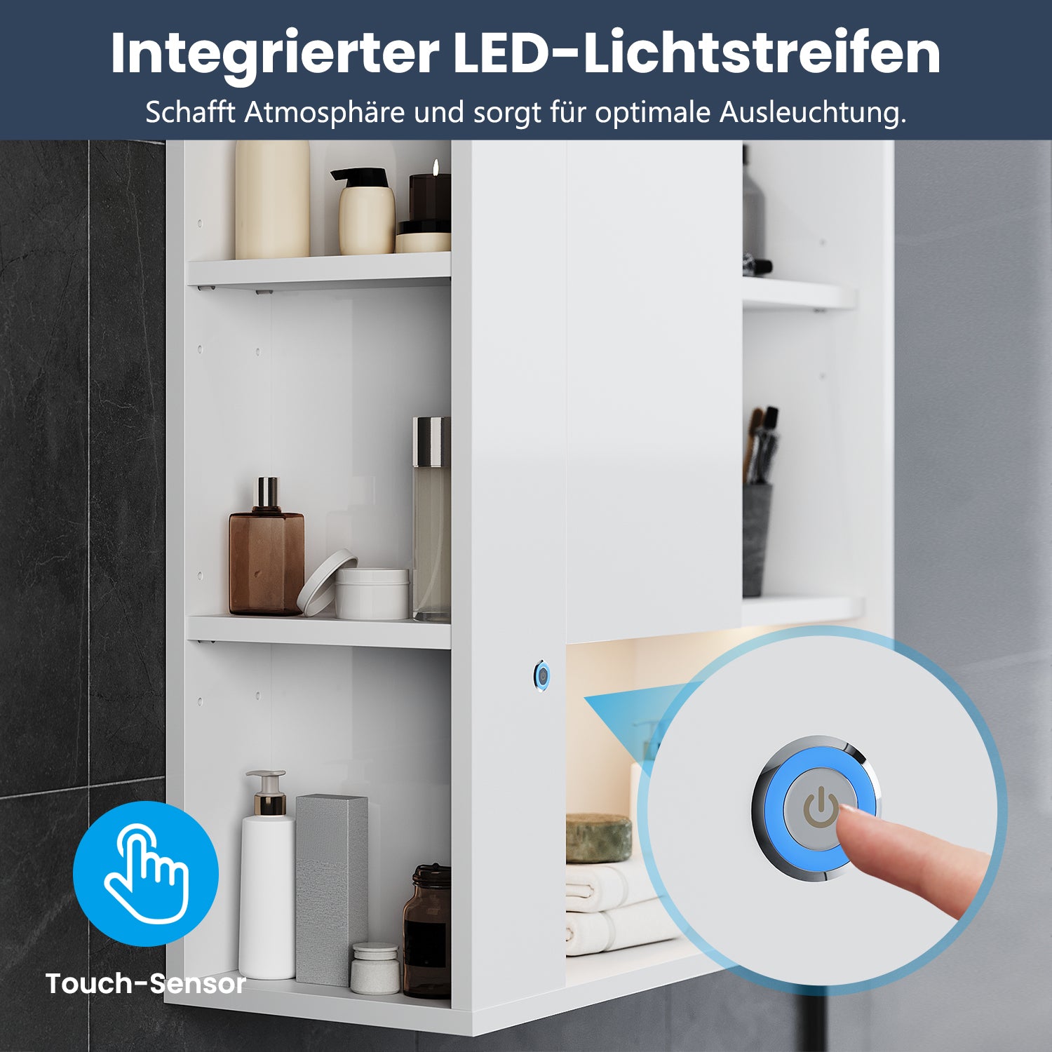 SONNI Wand-Badezimmerschrank mit LED-Sensor, Badschrank zur Wandmontage mit Tür und offenen Fächern 60 x 23 x 70 cm Weiß