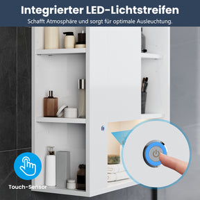 SONNI Wand-Badezimmerschrank mit LED-Sensor, Badschrank zur Wandmontage mit Tür und offenen Fächern 60 x 23 x 70 cm Weiß
