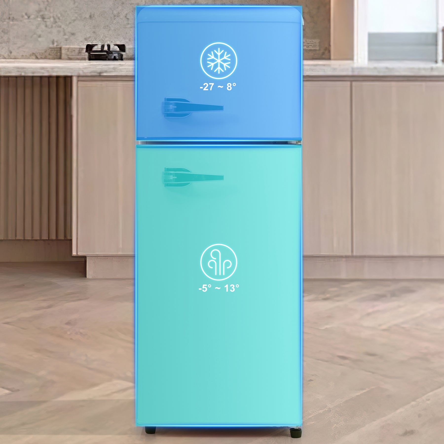 SONNI Retro Kühlschrank Kühl Gefrier Kombination mit 2 Türen, 92 Liter Gesamtvolumen 28 Liter Gefriervolumen LED Licht Glasregale Türregale 105.5 x 41 cm
