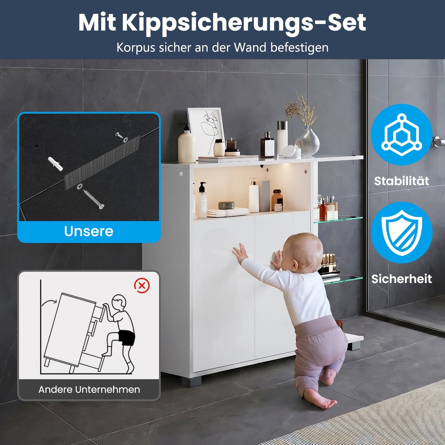 SONNI Waschtisch mit Touch-LED, weißer Unterschrank mit offener rechter Seite, Doppeltüren und ausziehbarem Einlegeboden, 90 x 30 x 82 cm Weiß