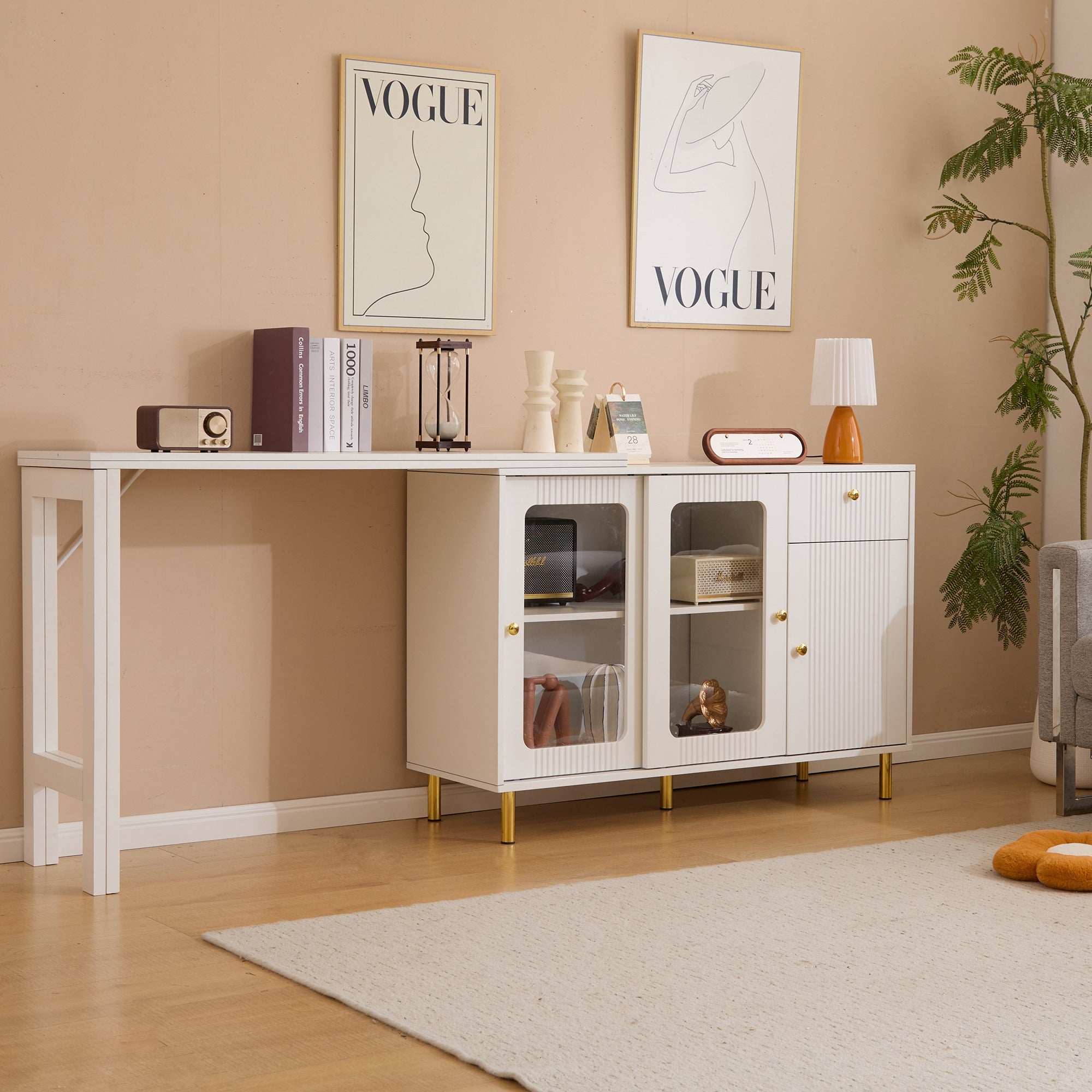 SONNI Buffetschrank Weiß mit ausziehbarer Tischplatte, drehbarer Arbeitsfläche, Glasschiebetüren, Wellenmuster, verstellbarem Stauraum und goldenen Metallbeinen, Sideboard für Küche und Esszimmer, 122x40x82cm