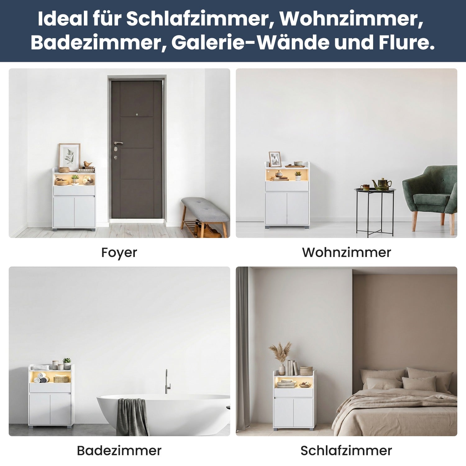 SONNI Badezimmer-Beistelltisch mit Touch-LED, 1 Schublade 2 Türen ausziehbarer Einlegeboden Aufbewahrungsmöbel 56 x 30 x 82 cm Weiß