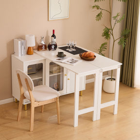 SONNI Buffetschrank Weiß mit ausziehbarer Tischplatte, drehbarer Arbeitsfläche, Glasschiebetüren, Wellenmuster, verstellbarem Stauraum und goldenen Metallbeinen, Sideboard für Küche und Esszimmer, 122x40x82cm