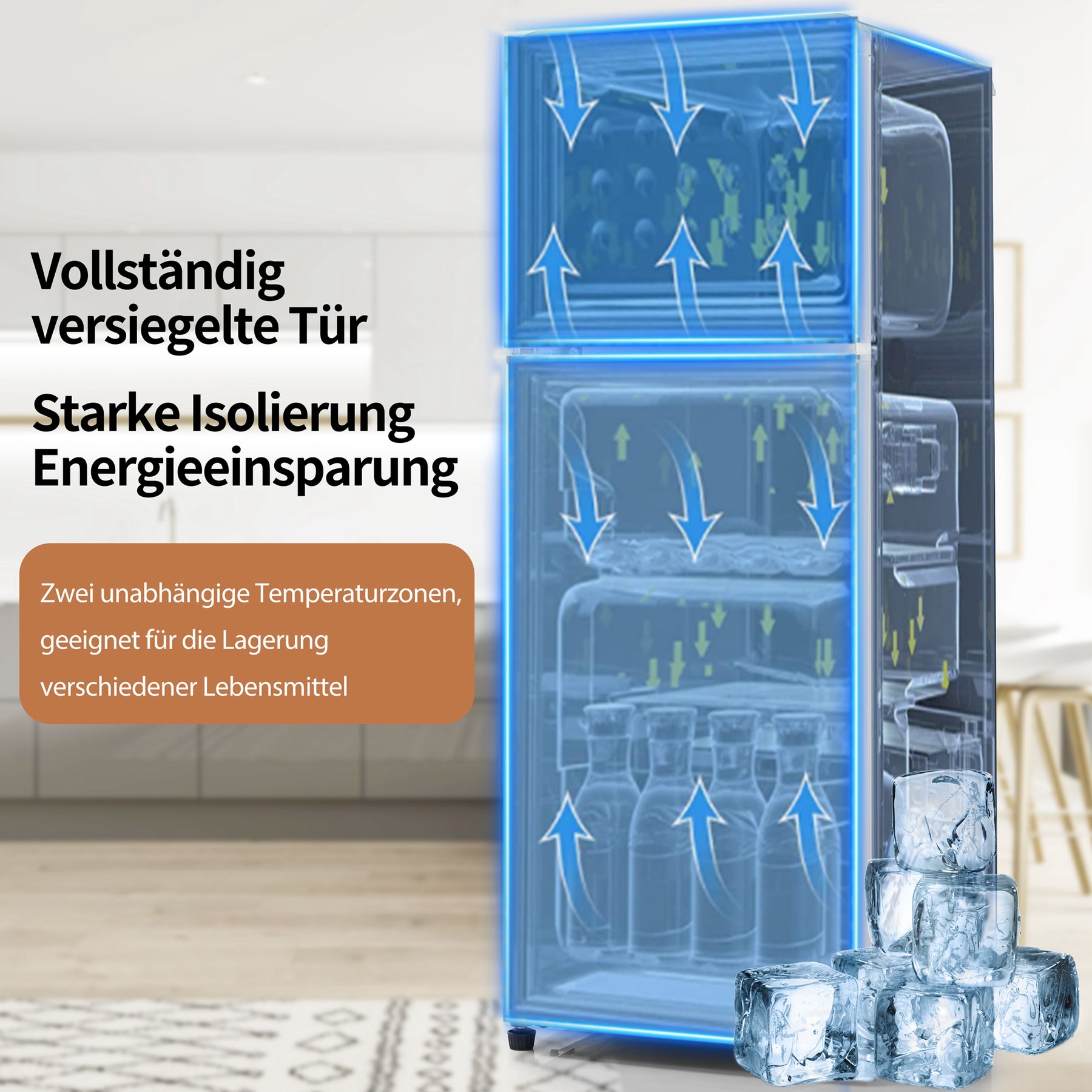 SONNI Retro Kühlschrank Kühl Gefrier Kombination mit 2 Türen, 92 Liter Gesamtvolumen 28 Liter Gefriervolumen LED Licht Glasregale Türregale 105.5 x 41 cm