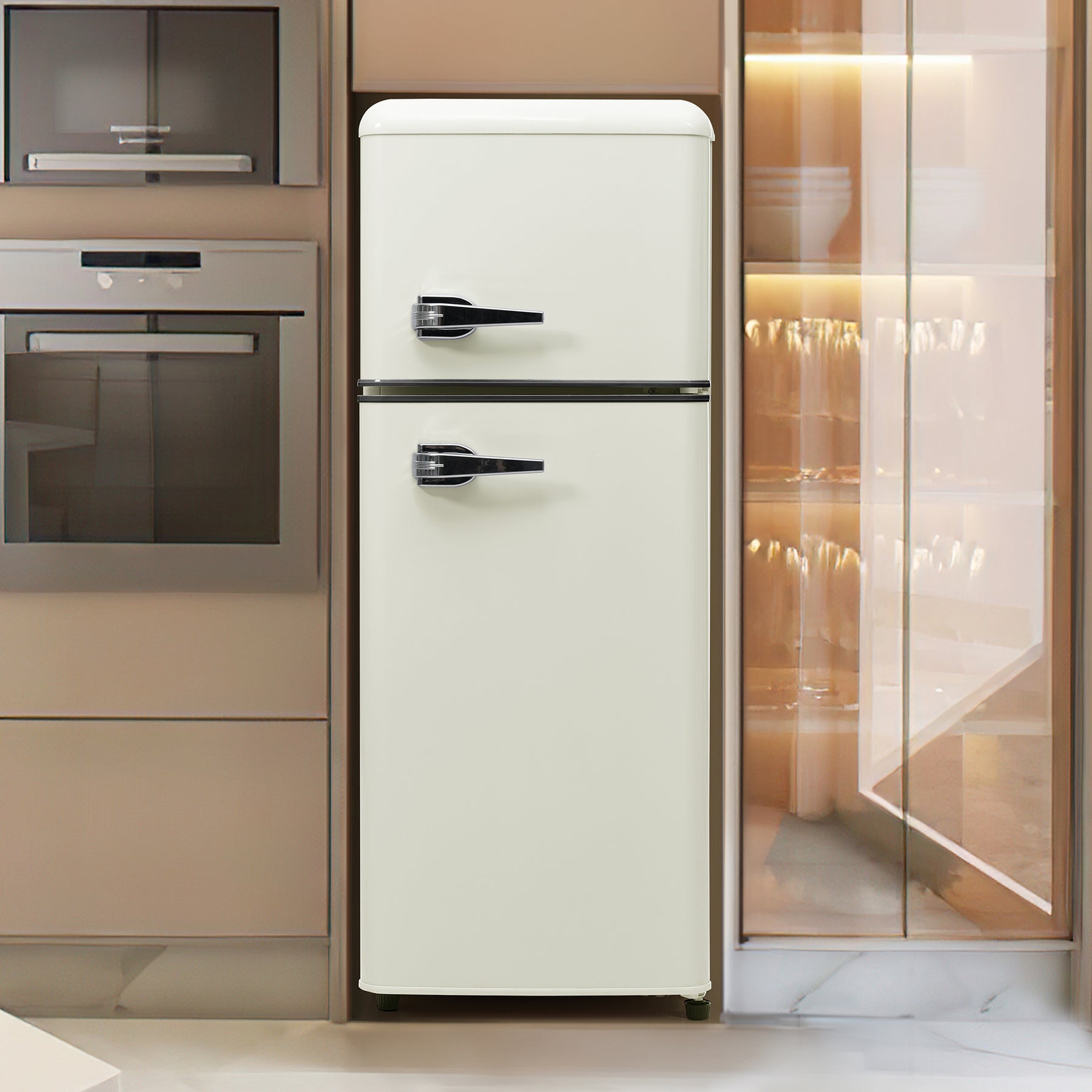 SONNI Retro Kühlschrank Kühl Gefrier Kombination mit 2 Türen, 92 Liter Gesamtvolumen 28 Liter Gefriervolumen LED Licht Glasregale Türregale 105.5 x 41 cm