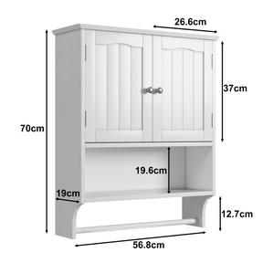 SONNI Wand Badezimmerschrank mit Handtuchhalter 2 verstellbare Regale offenes und geschlossenes Fach platzsparender MDF Hängeschrank Weiß 56,8×19×70 cm