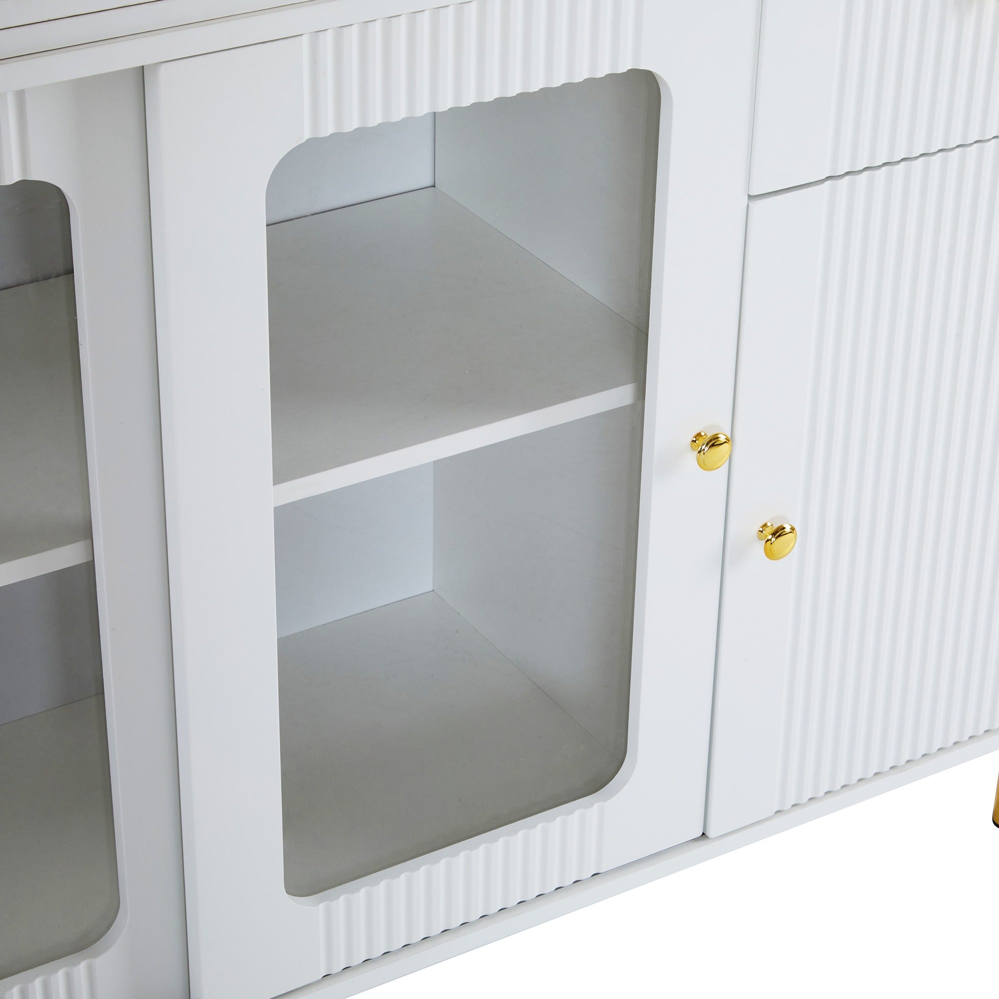 SONNI Buffetschrank Weiß mit ausziehbarer Tischplatte, drehbarer Arbeitsfläche, Glasschiebetüren, Wellenmuster, verstellbarem Stauraum und goldenen Metallbeinen, Sideboard für Küche und Esszimmer, 122x40x82cm