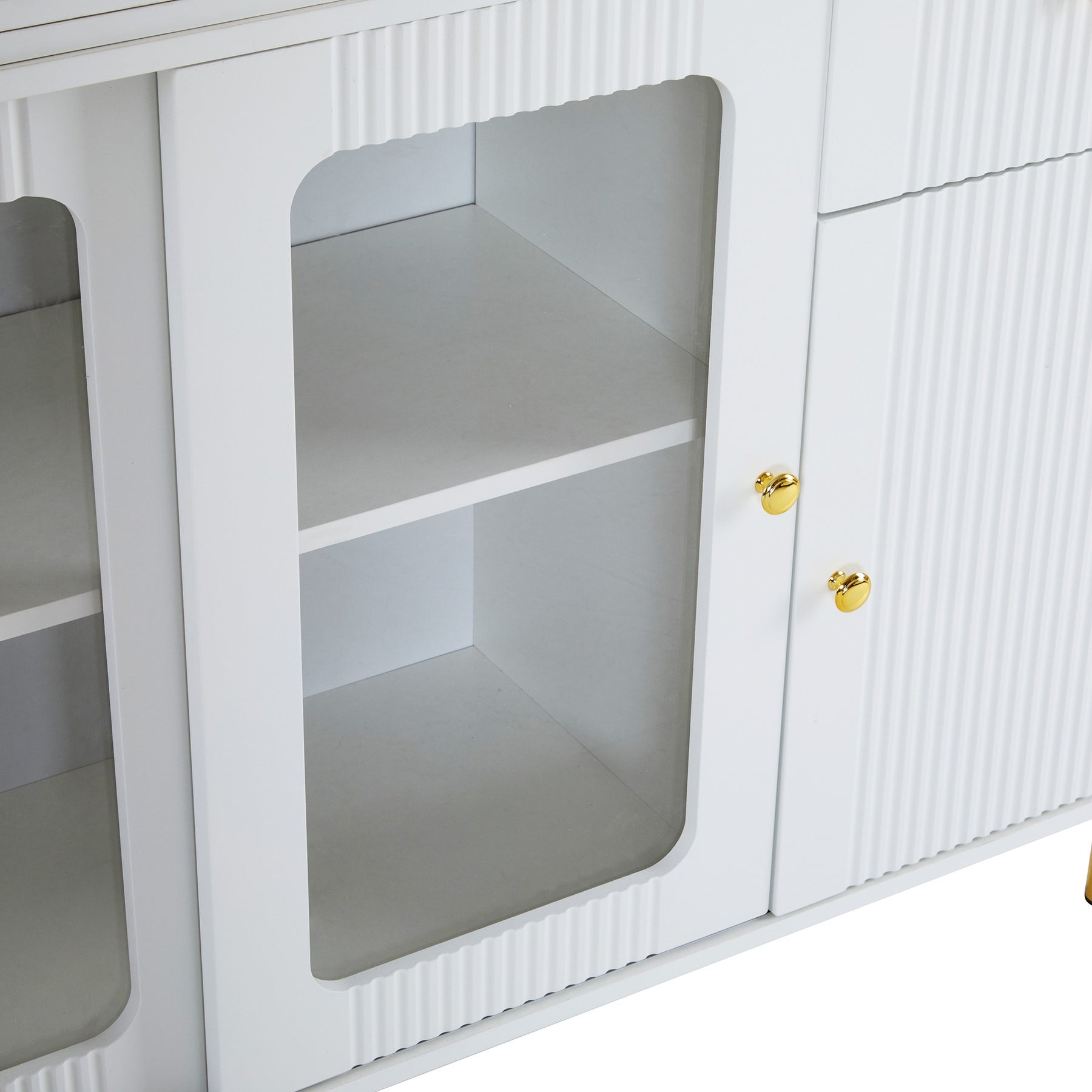 SONNI Buffetschrank Weiß mit ausziehbarer Tischplatte, drehbarer Arbeitsfläche, Glasschiebetüren, Wellenmuster, verstellbarem Stauraum und goldenen Metallbeinen, Sideboard für Küche und Esszimmer, 122x40x82cm