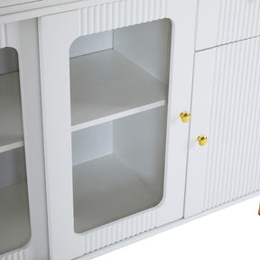 SONNI Buffetschrank Weiß mit ausziehbarer Tischplatte, drehbarer Arbeitsfläche, Glasschiebetüren, Wellenmuster, verstellbarem Stauraum und goldenen Metallbeinen, Sideboard für Küche und Esszimmer, 122x40x82cm