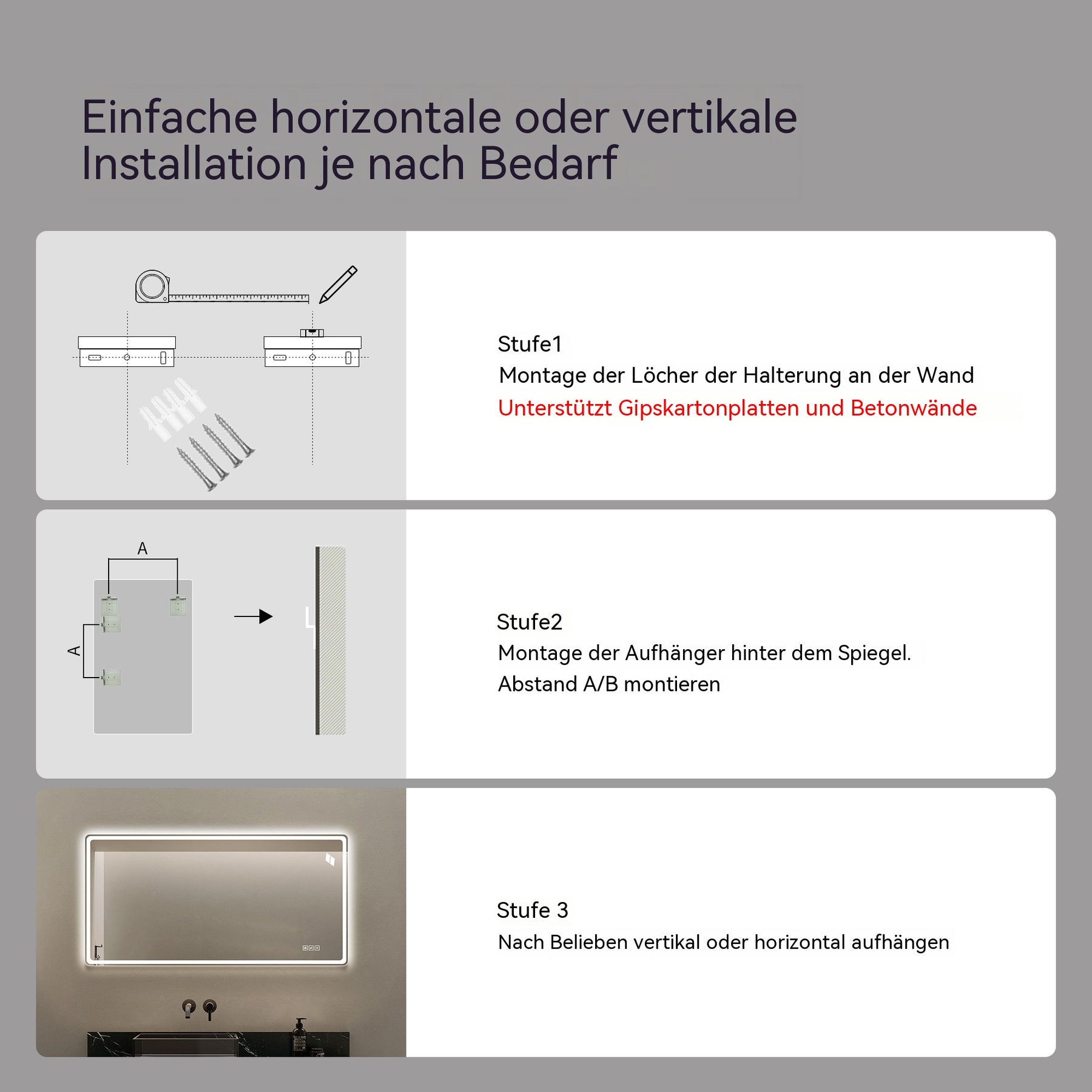 SONNI LED Badezimmerspiegel 60×120 cm, rahmenlos, Frontlicht matt, Anti-Beschlag, 3 Lichtfarben, dimmbar, Memory, horizontal & vertikal, IP44 wasserdicht