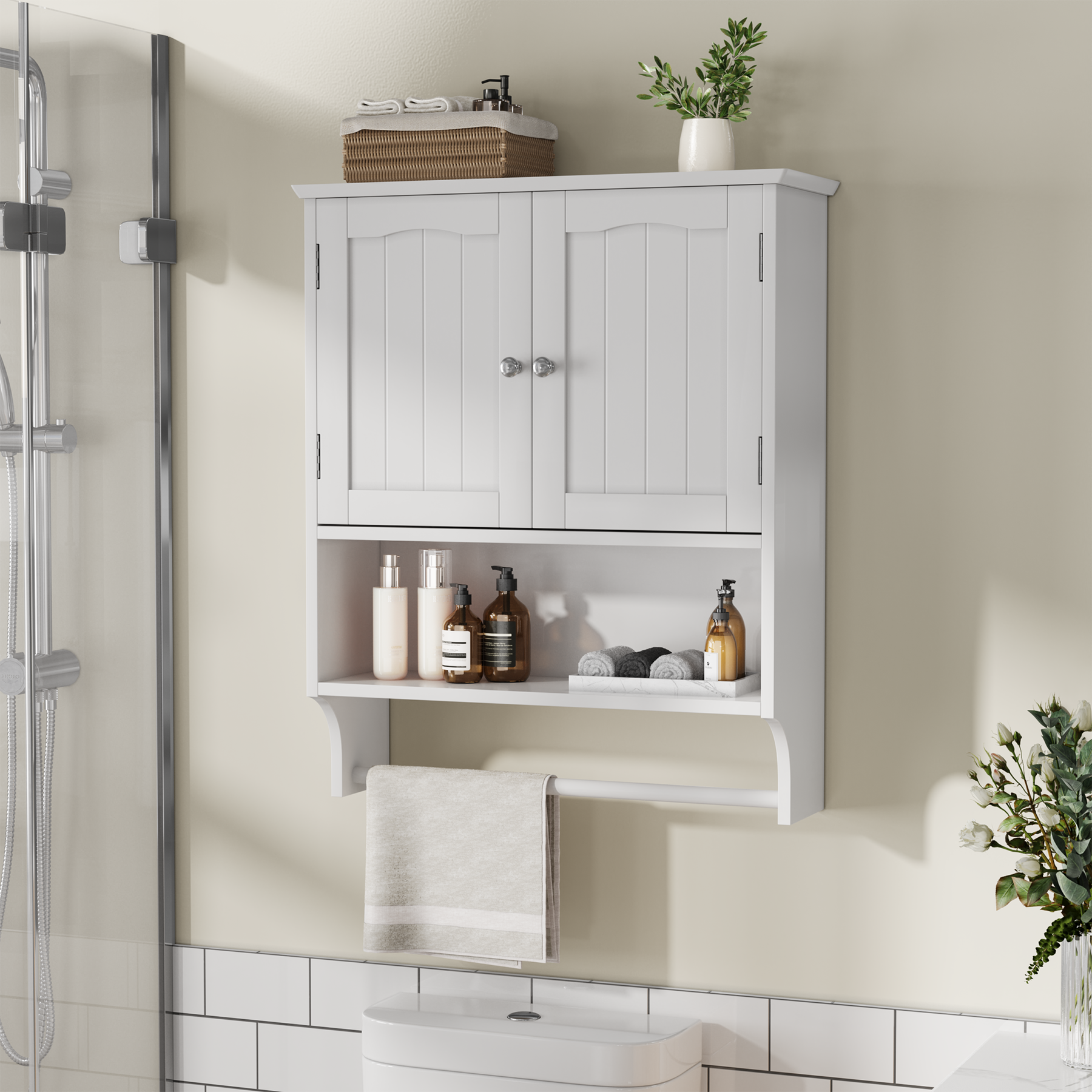 SONNI Wand Badezimmerschrank mit Handtuchhalter 2 verstellbare Regale offenes und geschlossenes Fach platzsparender MDF Hängeschrank Weiß 56,8×19×70 cm