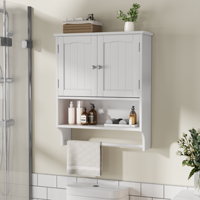 SONNI Wand Badezimmerschrank mit Handtuchhalter 2 verstellbare Regale offenes und geschlossenes Fach platzsparender MDF Hängeschrank Weiß 56,8×19×70 cm