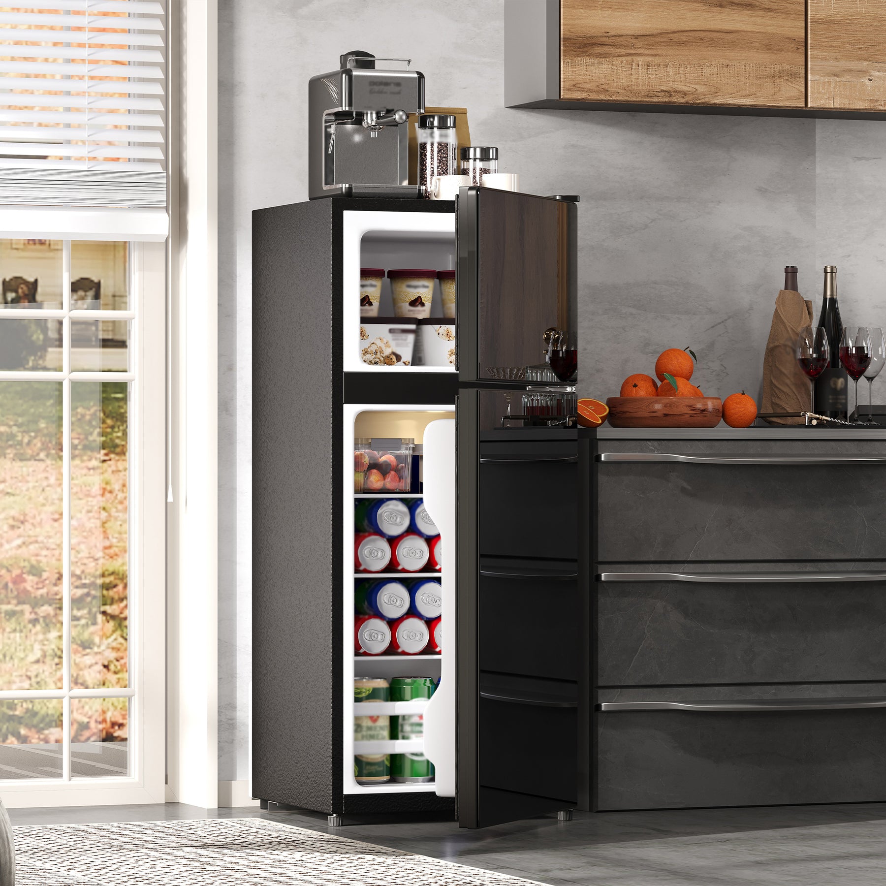 SONNI Minikühlschrank mit Gefrierfach, 92 L Kühlvolumen 28 L Gefrierfach Glastür LED Beleuchtung Temperaturregelung Glasablagen