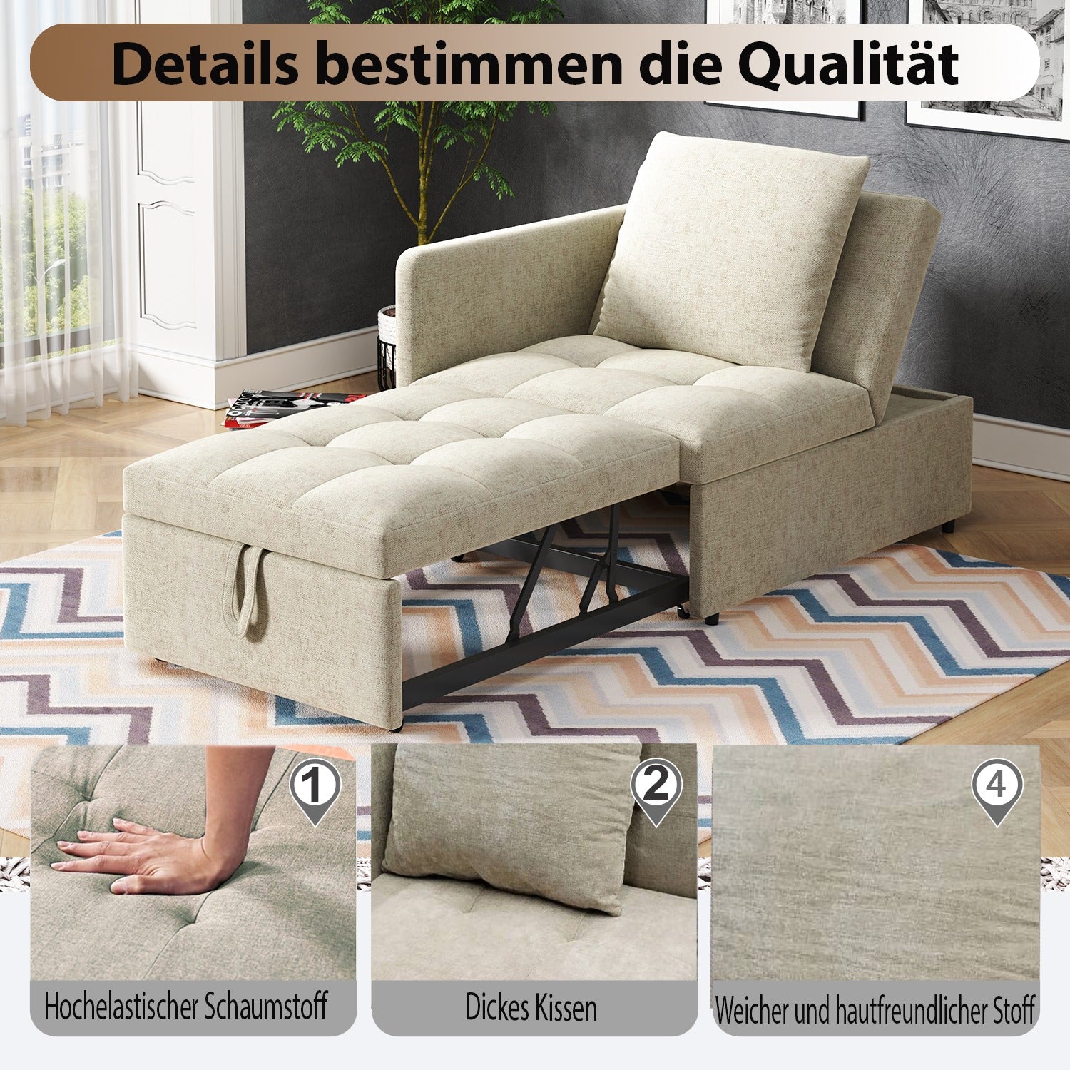 SONNI Schlafsofa mit Schlaffunktion, 3 in 1 Polsterbett, Leinenstoffsofa mit verstellbarer Rückenlehne und Kissen, Liegesofa für Gästezimmer und Home-Office, 177 x 68 x 65 cm