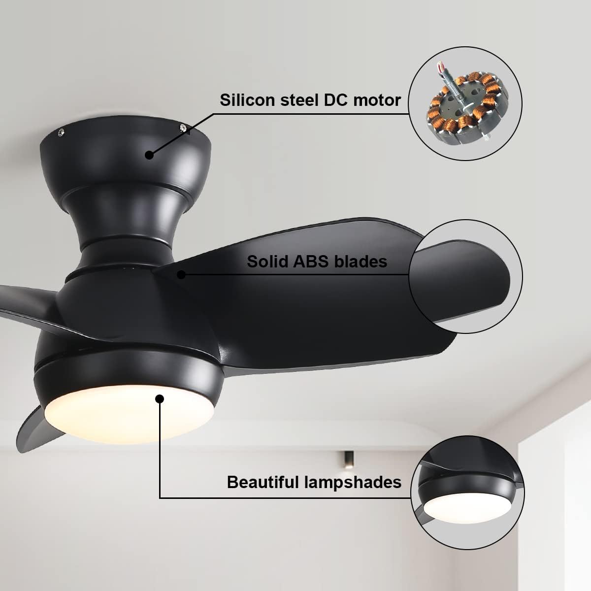 SONNI Deckenventilator 58 cm mit LED Beleuchtung und Fernbedienung, 3 Lichtfarben dimmbar 18 W LED Licht 3 ABS Flügel DC Motor Schwarz
