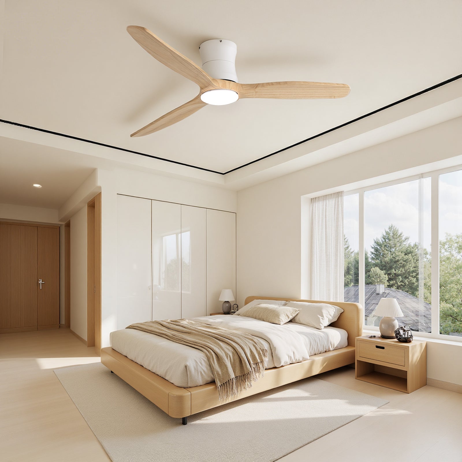 SONNI Deckenventilator mit Beleuchtung und Fernbedienung, 132 cm moderner Ventilator mit 3 Massivholzflügeln, leisem DC-Motor und 6 Geschwindigkeitsstufen