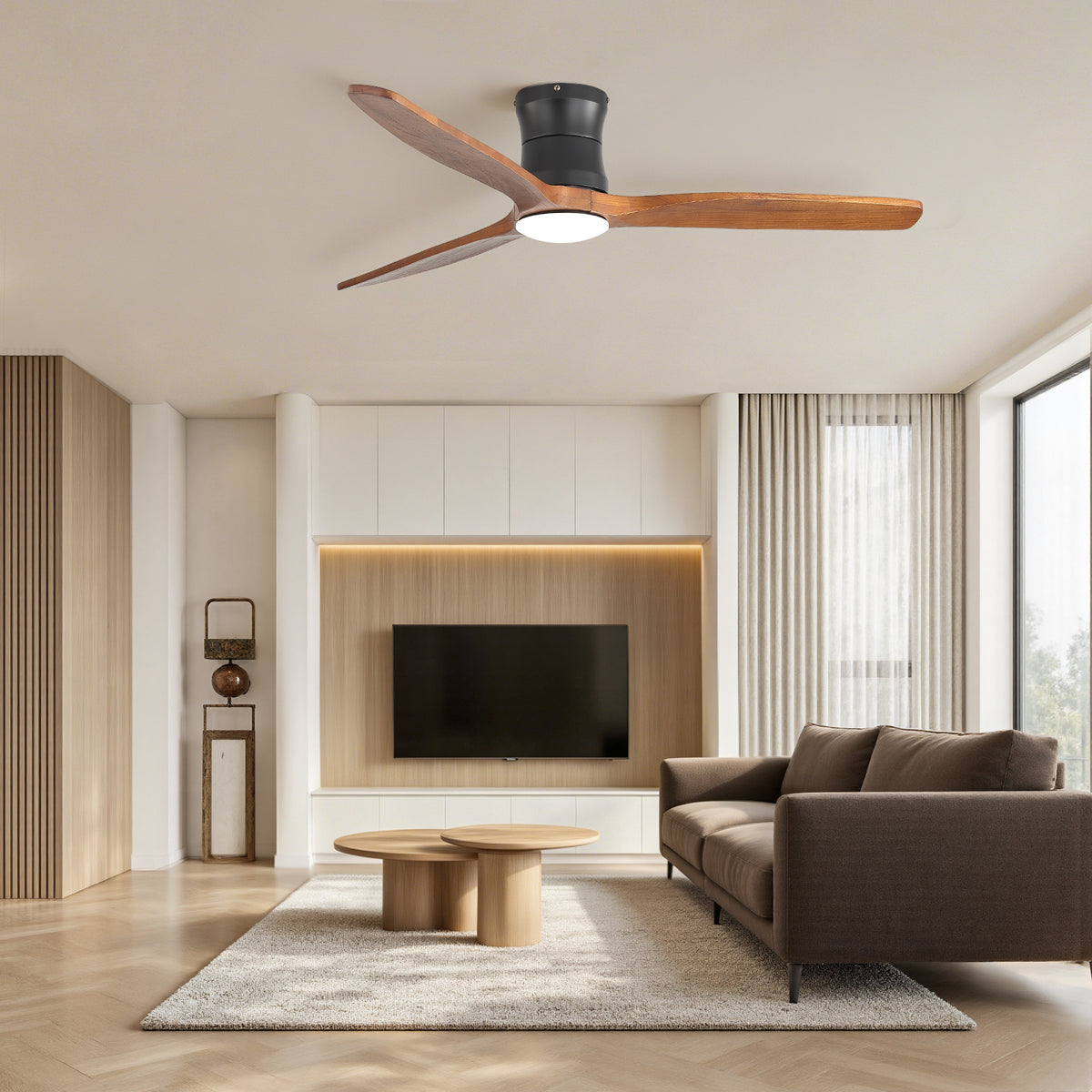 SONNI Deckenventilator mit Beleuchtung und Fernbedienung, 132 cm moderner Ventilator mit 3 Massivholzflügeln, leisem DC-Motor und 6 Geschwindigkeitsstufen