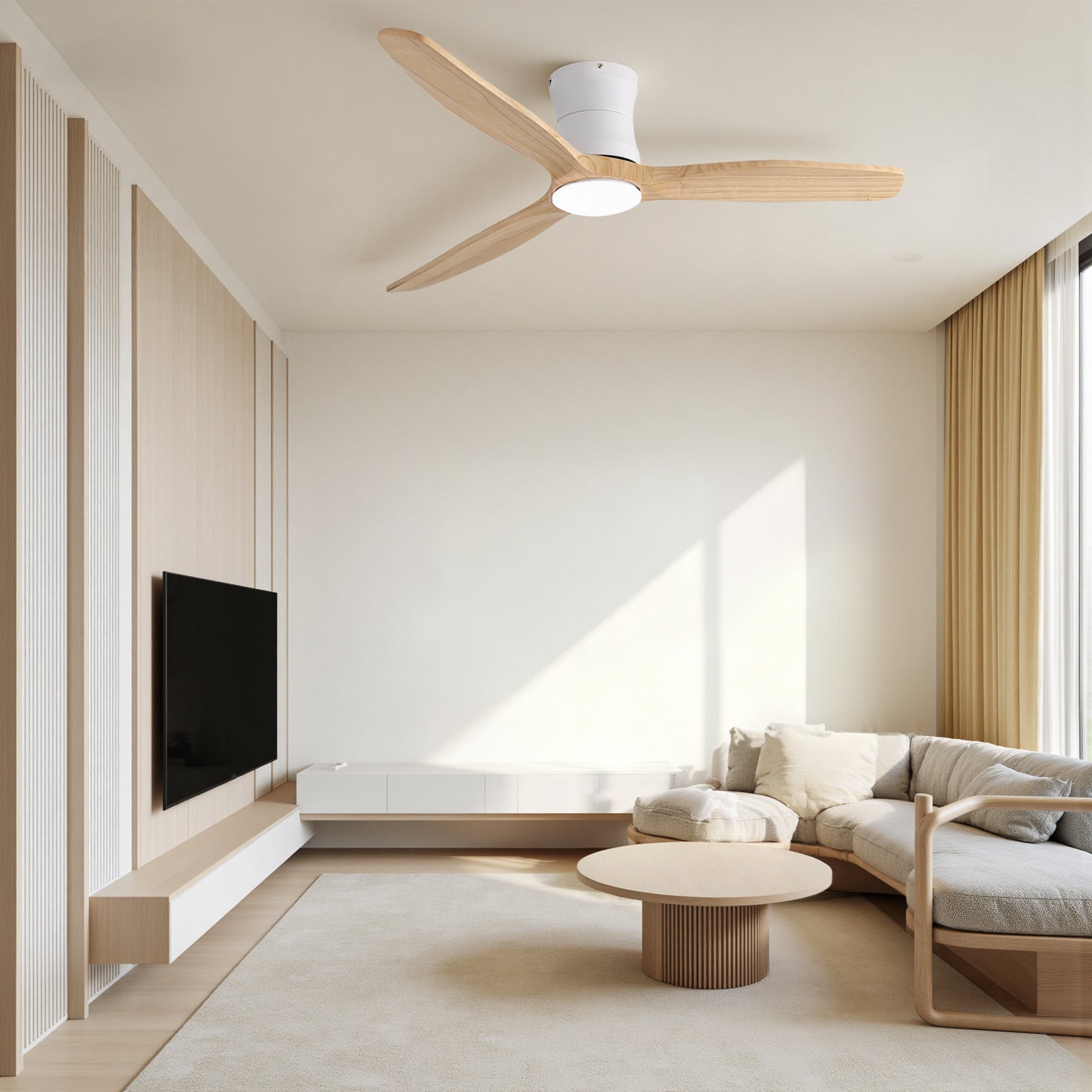 SONNI Deckenventilator mit Beleuchtung und Fernbedienung, 132 cm moderner Ventilator mit 3 Massivholzflügeln, leisem DC-Motor und 6 Geschwindigkeitsstufen