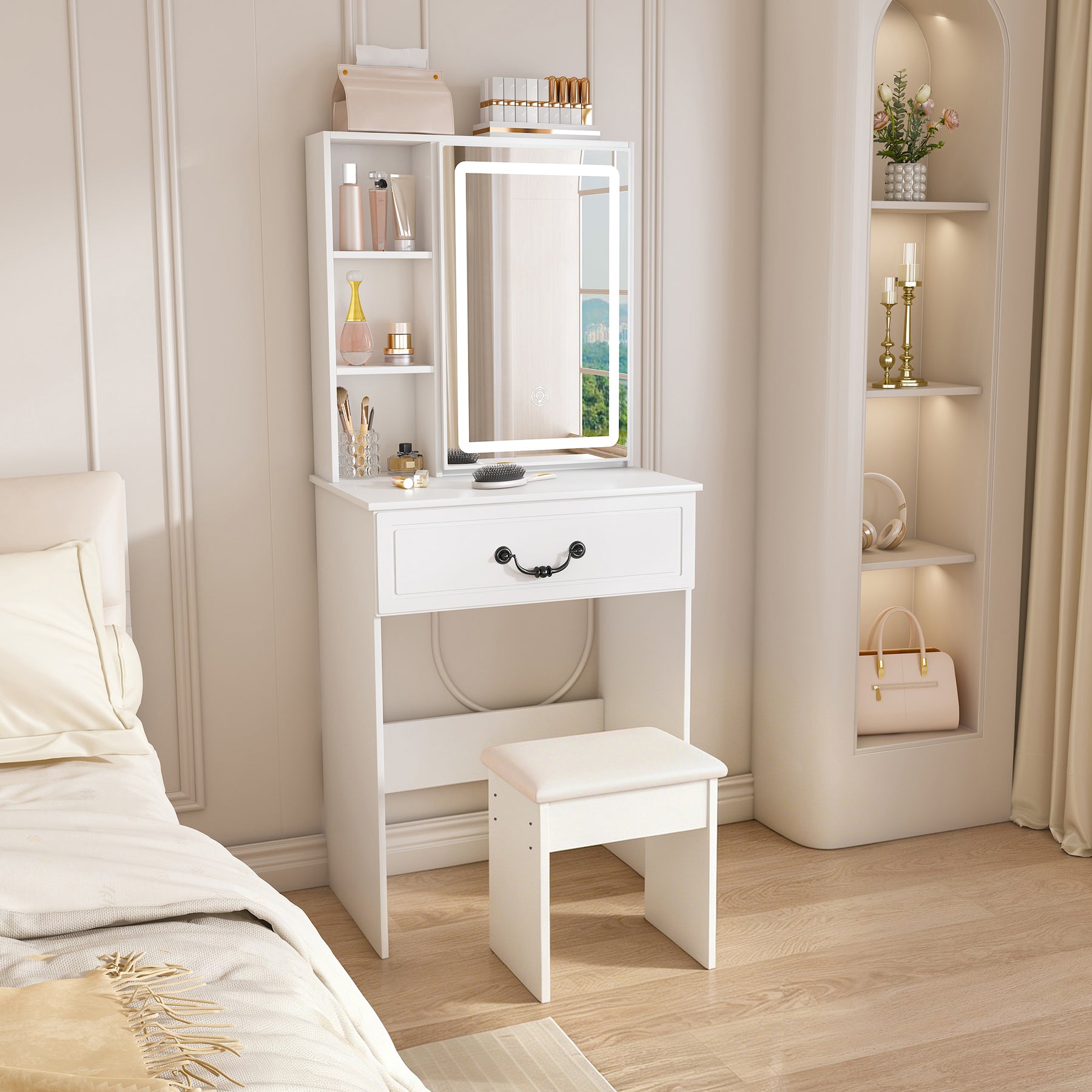 SONNI modernes minimalistisches Schminktisch Set mit dimmbarem LED Spiegel verstecktem Stauraum inkl gepolstertem Hocker Weiß 60× 36×131 cm