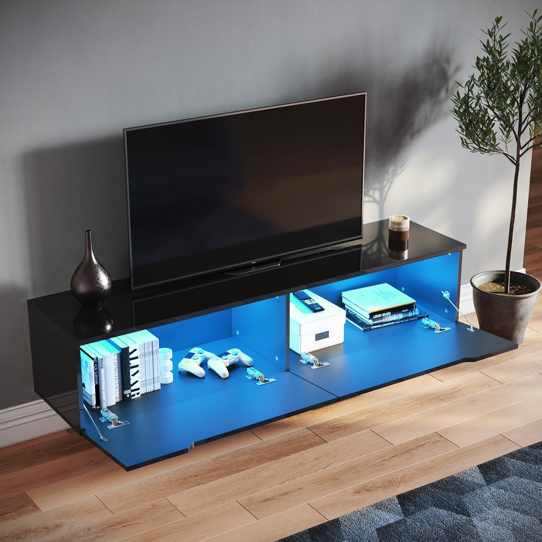 SONNI Lowboard,TV Board weiß/Schwarz hochglänzend hängend TV Schrank mit LED-Beleuchtung (12 Farben einstellbar), griffloses Design