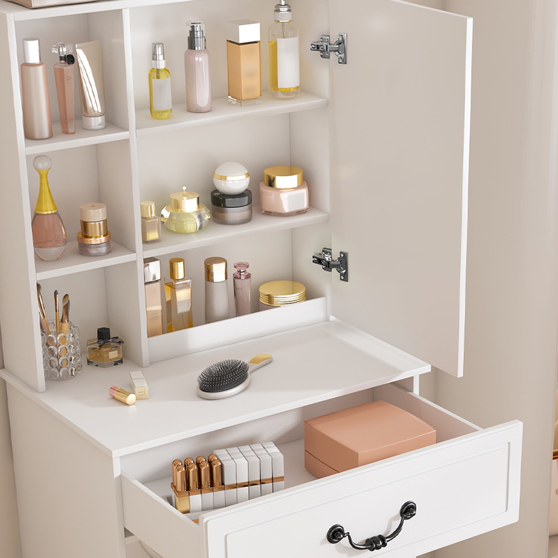 SONNI modernes minimalistisches Schminktisch Set mit dimmbarem LED Spiegel verstecktem Stauraum inkl gepolstertem Hocker Weiß 60× 36×131 cm