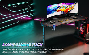 SONNI Gaming Tisch mit LED, RGB Gaming Schreibtisch mit großem Mauspad, Getränkehalter und Kopfhörerhaken, Schwarz 140cm