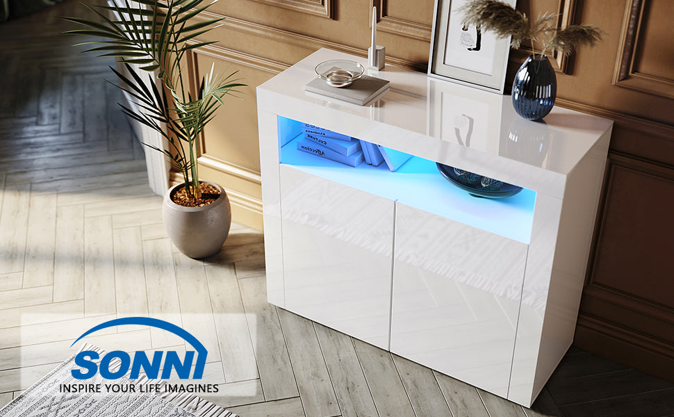 SONNI Kommode Sideboard mit LED Beleuchtung Weiß Hochglanz Wohnzimmermöbel Wohnzimmerschrank Standschrank