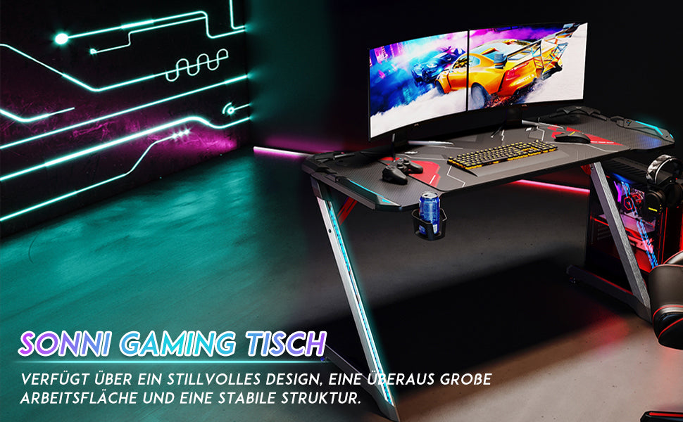 SONNI Gaming Schreibtisch mit LED 120cm Gaming Tisch RGB Gaming Schreibtisch Ergonomischer Tisch Gamer Tisch mit Getränkehalterung und Kopfhörerhaken Schwarz PC Tisch Klein