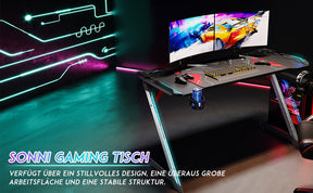 SONNI Gaming Schreibtisch mit LED 120cm Gaming Tisch RGB Gaming Schreibtisch Ergonomischer Tisch Gamer Tisch mit Getränkehalterung und Kopfhörerhaken Schwarz PC Tisch Klein