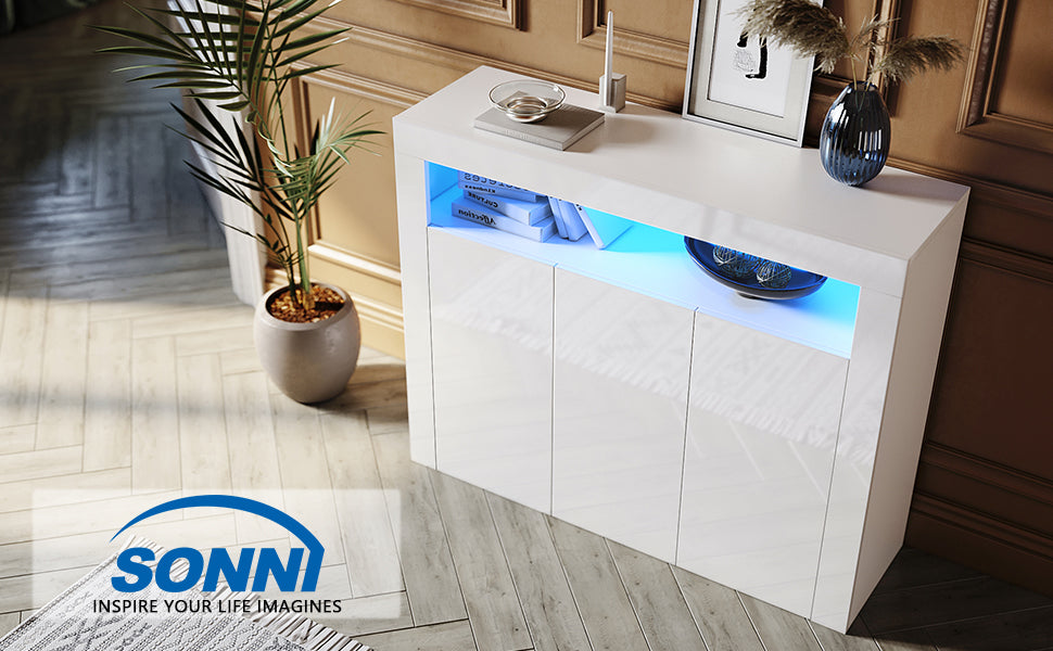 SONNI Sideboard Weiss Hochglanz Wohnzimmer, LED Kommode, Wohnzimmermöbel Wohnzimmerschrank Standschrank B116xH93xT35cm