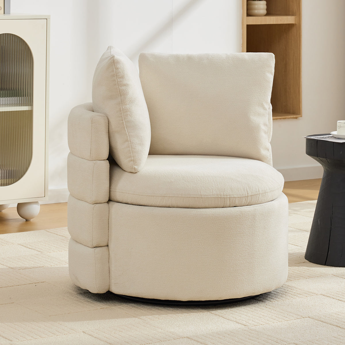 SONNI Drehsessel 360° drehbar mit Stauraum, moderner Chenille Polstersessel mit bequemem Rückenkissen, 72 x 66,5 x 76 cm