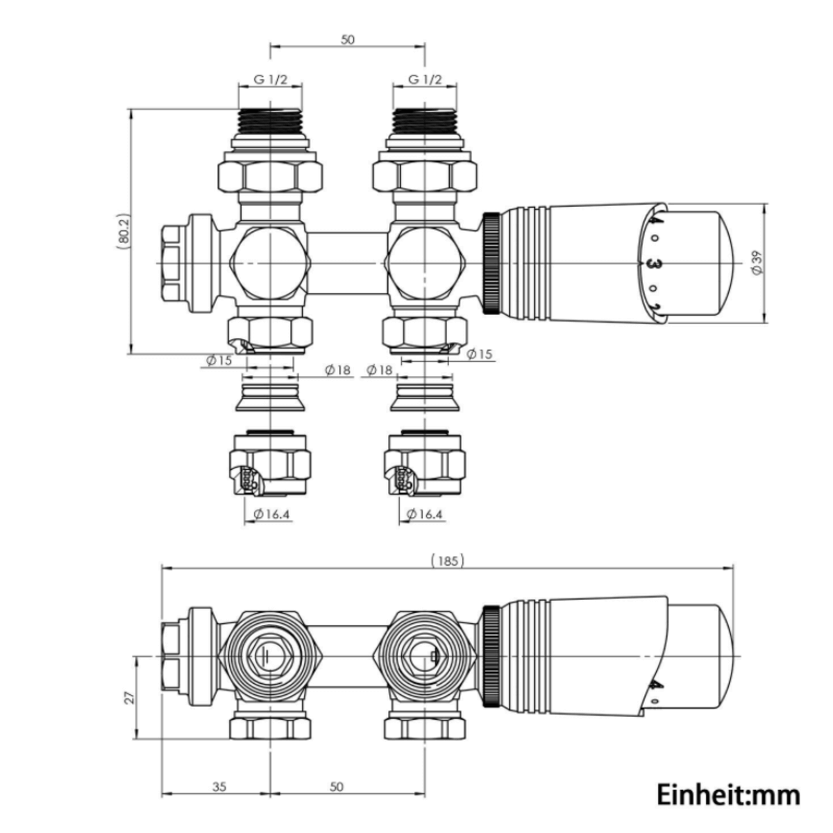 SONNI Multiblock Set für Heizkörper Anschlussarmatur inkl. Thermotstat Hahnblock Ventil Heizungszubehör Eck- und Durchgangsform