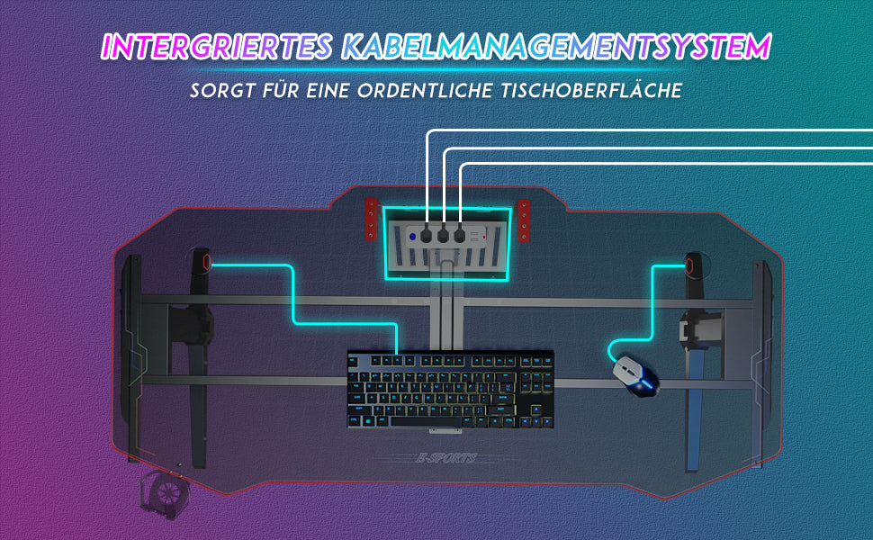 SONNI Gaming Tisch mit LED, RGB Gaming Schreibtisch mit großem Mauspad, Getränkehalter und Kopfhörerhaken, Schwarz 140cm