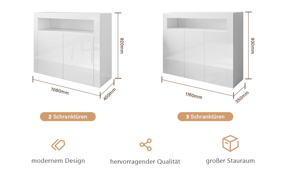 SONNI Kommode Sideboard mit LED Beleuchtung Weiß Hochglanz Wohnzimmermöbel Wohnzimmerschrank Standschrank