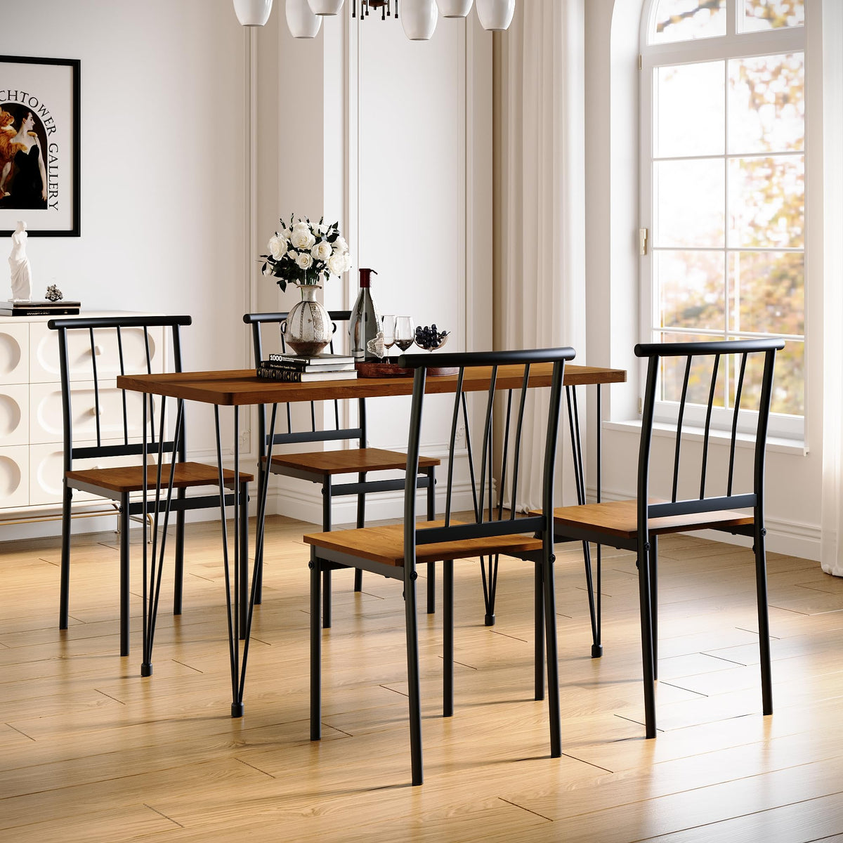 SONNI Esstisch mit 4 Stühlen Holz Solider Stahlrahmen Esszimmer Küche Stühle Tisch Möbel Essgruppe Sitzgruppe,Vintage Dunkelbraun,120x60x76cm