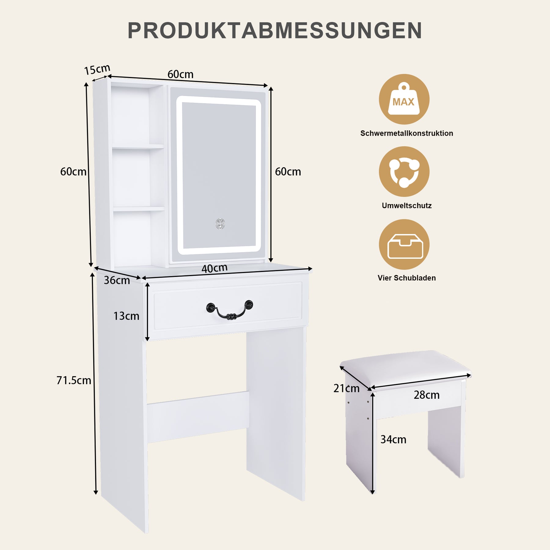 SONNI modernes minimalistisches Schminktisch Set mit dimmbarem LED Spiegel verstecktem Stauraum inkl gepolstertem Hocker Weiß 60× 36×131 cm