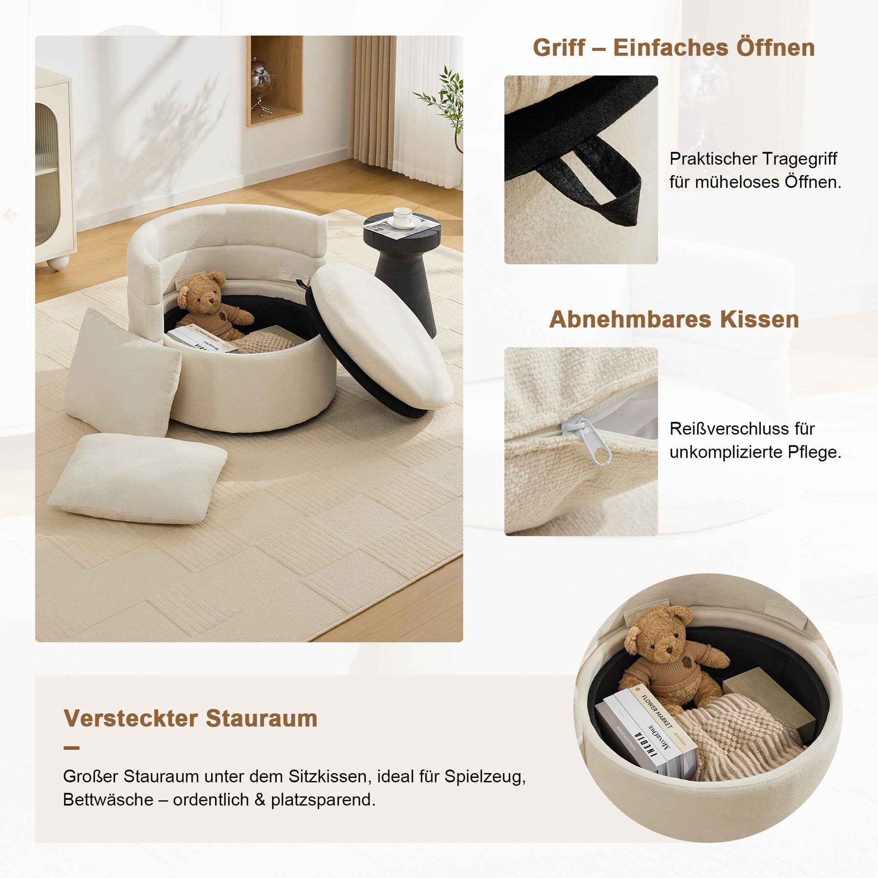 SONNI Drehsessel 360° drehbar mit Stauraum, moderner Chenille Polstersessel mit bequemem Rückenkissen, 72 x 66,5 x 76 cm