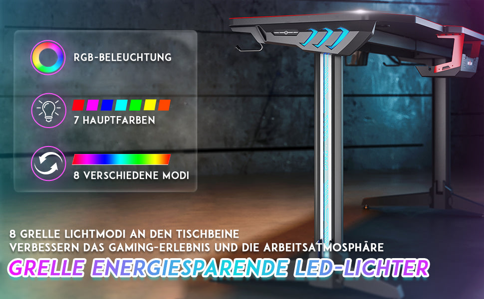 SONNI Gaming Tisch mit LED, RGB Gaming Schreibtisch mit großem Mauspad, Getränkehalter und Kopfhörerhaken, Schwarz 140cm