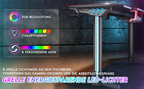SONNI Gaming Tisch mit LED, RGB Gaming Schreibtisch mit großem Mauspad, Getränkehalter und Kopfhörerhaken, Schwarz 140cm