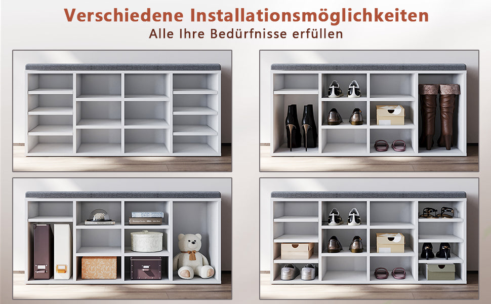 SONNI Schuhschrank mit Sitzbank, Schuhregal Weiß Holz, mit verstelbaren Einlegeböden, mit Stauraum Schuhablage, mit Grau Sitzkisse