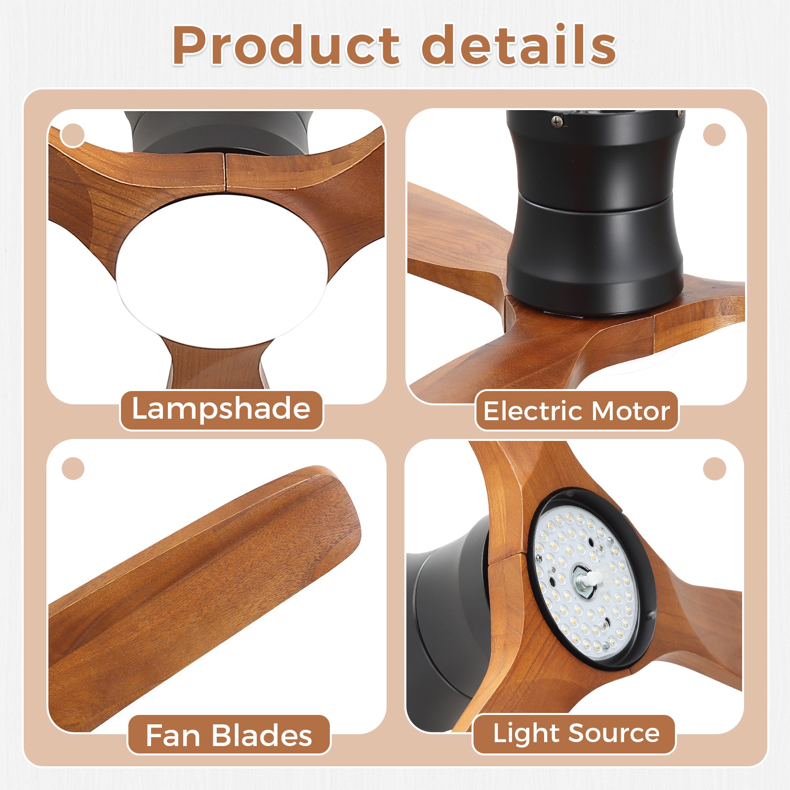 SONNI Deckenventilator mit Beleuchtung und Fernbedienung, 132 cm moderner Ventilator mit 3 Massivholzflügeln, leisem DC-Motor und 6 Geschwindigkeitsstufen