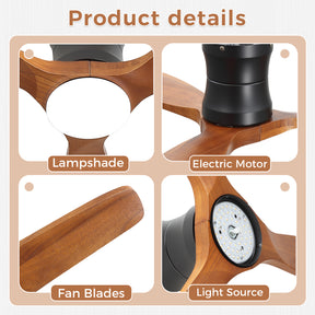 SONNI Deckenventilator mit Beleuchtung und Fernbedienung, 132 cm moderner Ventilator mit 3 Massivholzflügeln, leisem DC-Motor und 6 Geschwindigkeitsstufen