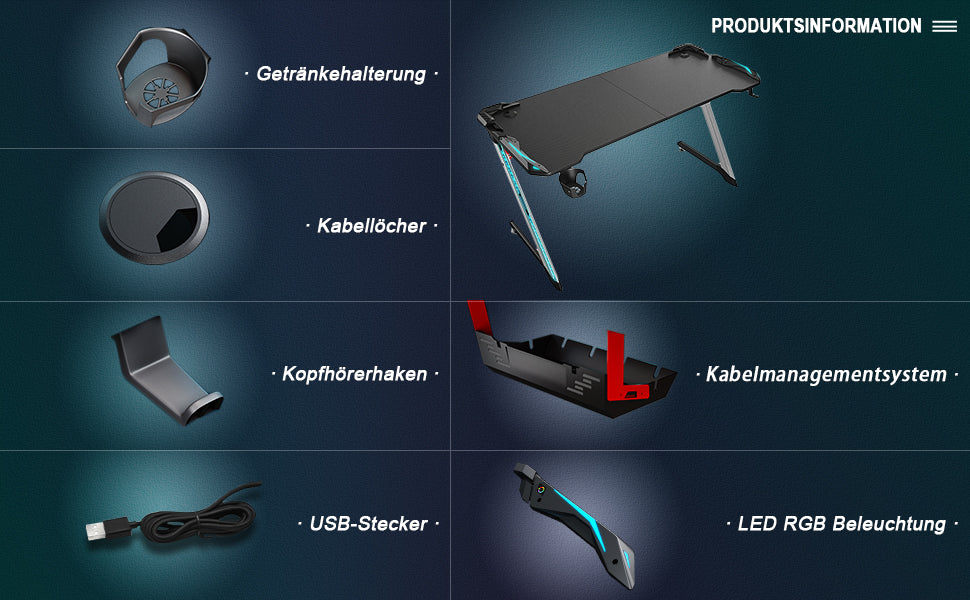 SONNI Gaming Schreibtisch mit LED 120cm Gaming Tisch RGB Gaming Schreibtisch Ergonomischer Tisch Gamer Tisch mit Getränkehalterung und Kopfhörerhaken Schwarz PC Tisch Klein