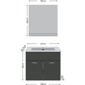 SONNI Badmöbel Set mit Waschbecken mit Unterschrank und Spiegel Badezimmermöbel 2-teilig 60cm Hochglanz Grau