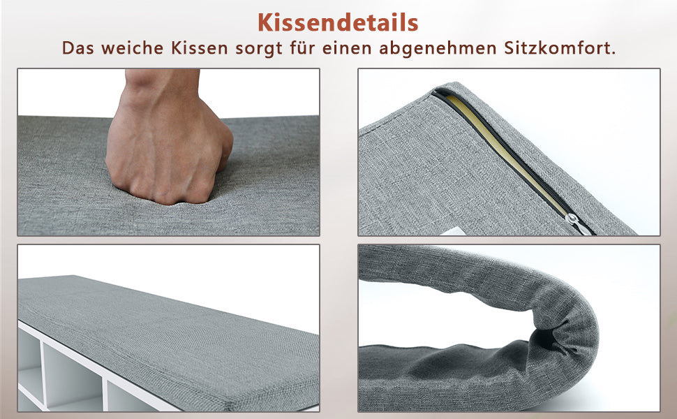SONNI Schuhschrank mit Sitzbank, Schuhregal Weiß Holz, mit verstelbaren Einlegeböden, mit Stauraum Schuhablage, mit Grau Sitzkisse