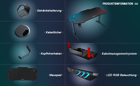SONNI Gaming Tisch mit LED, RGB Gaming Schreibtisch mit großem Mauspad, Getränkehalter und Kopfhörerhaken, Schwarz 140cm