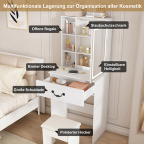 SONNI modernes minimalistisches Schminktisch Set mit dimmbarem LED Spiegel verstecktem Stauraum inkl gepolstertem Hocker Weiß 60× 36×131 cm